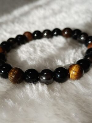 Pulseira Olho de Tigre, Hematite e Obsidiana Negra 8mm