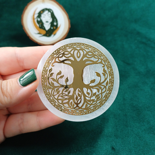 Base de Selenite Pequena com Árvore da Vida (6,5 cm)
